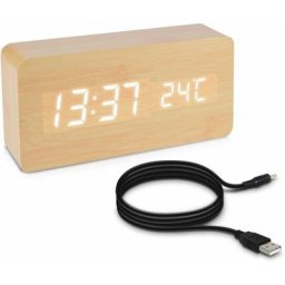 Rectangle Beige et led Blanc Réveil Bois led - Horloge Digitale Aspect Bois - Réveil Matin Tactile