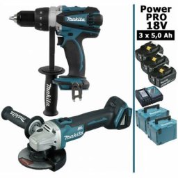 Makita - Pack Power pro 18V: Perceuse 91Nm DDF458 + Meuleuse 125mm DGA504 + 3 batt 5Ah + 2 Coffrets