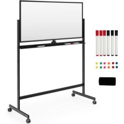 Tableau Blanc Magnetique Rotatif a 360° Hauteur Reglable sur 2 Positions avec 4 Roues Universelles,