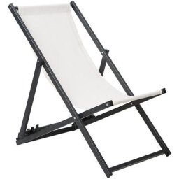 Transat de Plage Jardin ou Terrasse Pliable en Aluminium Noir et Textile Blanc Beige Résistant et