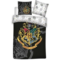 Parure de lit réversible Harry Potter - Blason Hogwarts - Noire et Blanche - 140 cm x 200 cm