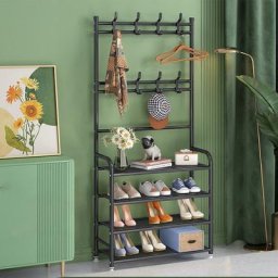 Meuble d'entrée de Rangement avec 4 étagères à Chaussures Porte-Manteau Vestiaire Avec 8 Crochets,