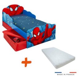Lit enfant Spiderman Marvel Design tiroirs de rangement tete de lit lumineuse + matelas