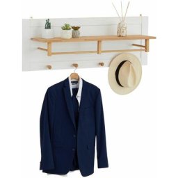 Portemanteau mural avec 4 accroches et 1 étagère de rangement bolton, patère en pin massif blanc et