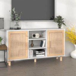 SalesHot® Meuble de cuisine/Salon - Buffet Blanc 105x30x60 cm Bois de pin massif et rotin naturel