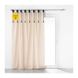 Lot de 2 Rideaux à passants en polycoton 140 x 240 cm + pompons Filine naturel