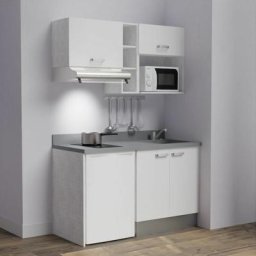 Kitchenette K13L - 140 cm - emplacements frigo, hotte et micro-ondesBlancCromoévier à droite