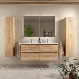 Meuble salle de bain - 120 cm - Plan double vasques céramique - Effet chêne brut - a suspendre