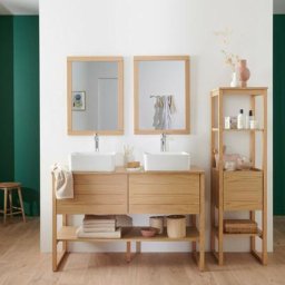 Meuble de Salle De Bain Chêne 120 cm + Colonne de rangement Chêne cm atoll + 2 Miroirs + 2 Vasques