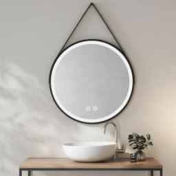 Led Miroir de salle de bain rond cadre noir avec bandoulière réglable Interrupteur tactile