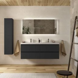 Meuble salle de bain - 140 cm - Plan double vasques charge minérale - Noir mat - a suspendre