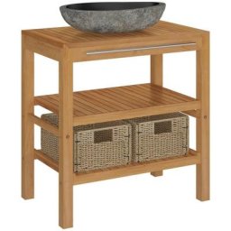 Meuble vasque Teck solide et lavabo en pierre de rivière
