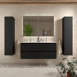 Meuble salle de bain - 120 cm - Plan double vasques céramique - Noir mat - a suspendre - karaib