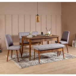 Set table extensible, 2 chaises, banc et banquette Malva Bois foncé et Tissu Gris - Gris