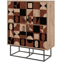 Buffet haut style industriel 4 portes Feneta Bois clair Motif Géométrique Marron foncé et Noir