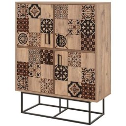 Buffet haut style industriel 4 portes Feneta Bois clair Motif Arabesque Marron et Noir - Noir /