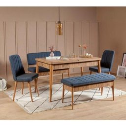 Set table extensible, 2 chaises, banc et banquette Malva Bois clair et Tissu Bleu foncé - Bleu foncé