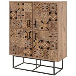 Buffet haut style industriel 4 portes Feneta Bois clair Motif Andalouse - Multicolore