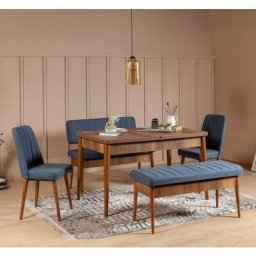Set table extensible, 2 chaises, banc et banquette Malva Bois foncé et Tissu Bleu foncé - Bleu foncé