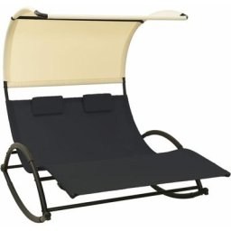 Bain de soleil double Chaise de jardin - Transat de jardin avec auvent Textilène Noir et crème