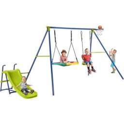 Portique de Balançoire 4 en 1 avec Toboggan & Panier de Basket, Balançoire Nid d'Oiseau Ø82 cm et