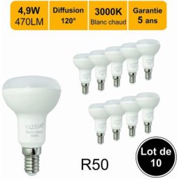 Lot de 10 ampoules LED E14 R50 4,9W (équiv. 40W) 470Lm 3000K - garantie 5 ans