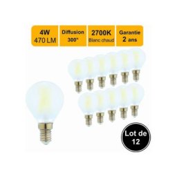 Lot de 12 ampoules LED filament E14 4W 470Lm 2700K - garantie 2 ans