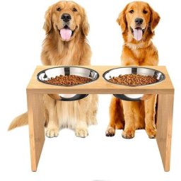 Hofuton Gamelle Surélevée pour Chien et Chat, Wood Chien Porte Gamelle, 2 Acier inox Bols Doubles