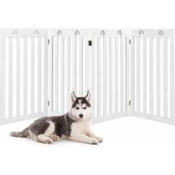 Barrière Autoportante pour Chien 4 Panneaux en Bois Charnières Métalliques à 360° sans Perçage pour