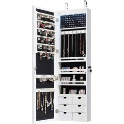 Armoire a Bijoux Mural avec Miroir et Lumiere led, Armoire de Rangement Mural, Accrochee a la Porte