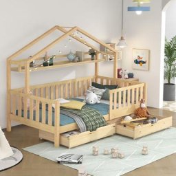 Lit cabane enfant 200 x 90 cm - avec 2 tiroirs, sommier à lattes, en pin massif - coloris naturel