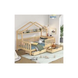 Merax - Lit cabane pour enfant 90 x 200 cm avec 2 tiroirs, Bois massif de pin, Sommier à lattes