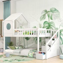 Lit superposé 2 x 90 x 200 cm avec 3 tiroirs et échelle, Lit cabane à 2 étages, sommier à lattes et