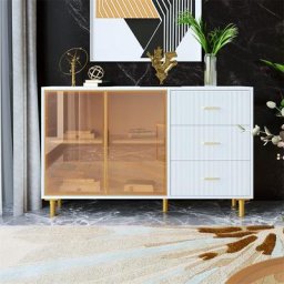 Buffet aspect marbre, plateau MDF portes en verre marron poignées dorées, avec 2 compartiments et 3