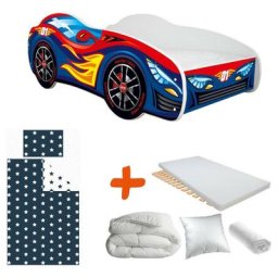 Pack complet Lit enfant Voiture Racing Bleue avec flammes Lit+Matelas & Parure+Couette+Oreiller