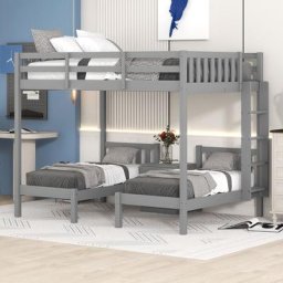 Lit Superposé Moderne Trois en un Lit Enfant avec Table de Nuit, Gris 140x200/ 70x140 cm