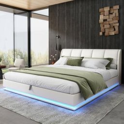 Lit rembourré 180x200 avec éclairage led, tête de lit et espace de rangement, pu, ​​​​blanc