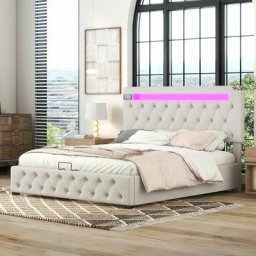Lit coffre capitonné 140 x 200cm avec éclairage LED, port de charge USB, lecteur Bluetooth, tête de