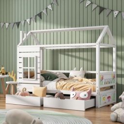 Lit cabane enfant 90 x 200 cm - avec protection antichute et sommier à lattes, Fabriqué en bois