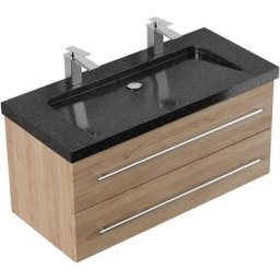 Meuble sdb Damo en décor chêne avec une vasque en granit Galaxy Black 100cm