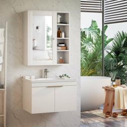 Armoire Murale de Salle de Bain, Meuble de Salle de Bain avec Miroir, avec Etagères, Style Simple