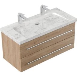 Meuble sdb Damo en décor chêne avec une vasque en marbre Carrara White 100cm
