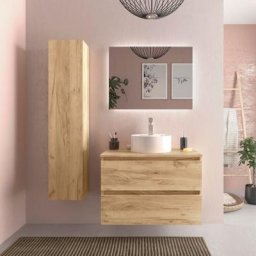 Meuble de salle de bain - 80 cm - Avec vasque à poser - Effet chêne brut - a suspendre - karaib