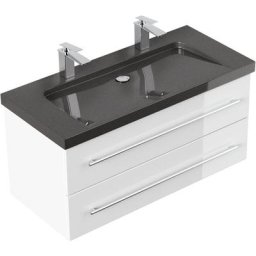 Meuble sdb Damo en blanc brillant avec double vasque en granit India Black 100cm