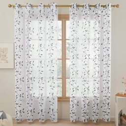 Deconovo Lot de 2 Rideaux Voilages Broderie Effet Lin à Motif Feuille à Oeillet, 140x260 cm, Gris