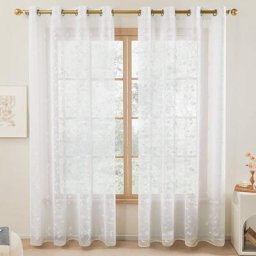Lot de 2 Rideaux Voilages Blanc, 140x229 cm, Broderie Effet Lin à Motif Feuille à Oeillet pour