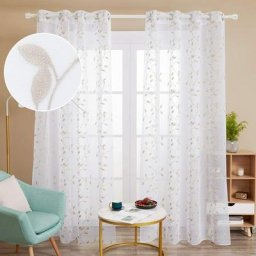 Lot de 2 Rideaux Voilages Broderie Effet Lin à Motif Feuille à Oeillet, 140x260 cm, Lin - Lin