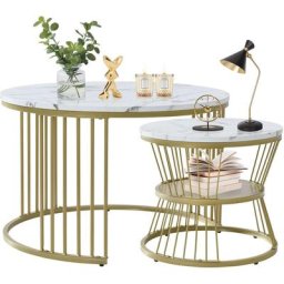 Lot de 2 Tables Basses Gigognes Moderne, Table Basse Ronde avec Etagère, Pièds en Métal Doré,