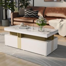 Table basse blanc rectangulaire moderne avec planche à motifs en marbre et 2 tiroirs en bois, table