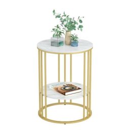 Table d’appoint Bout de Canapé Ronde 40x40x54cm en Marbre Blanche Doré pour Salon Table de Chevet